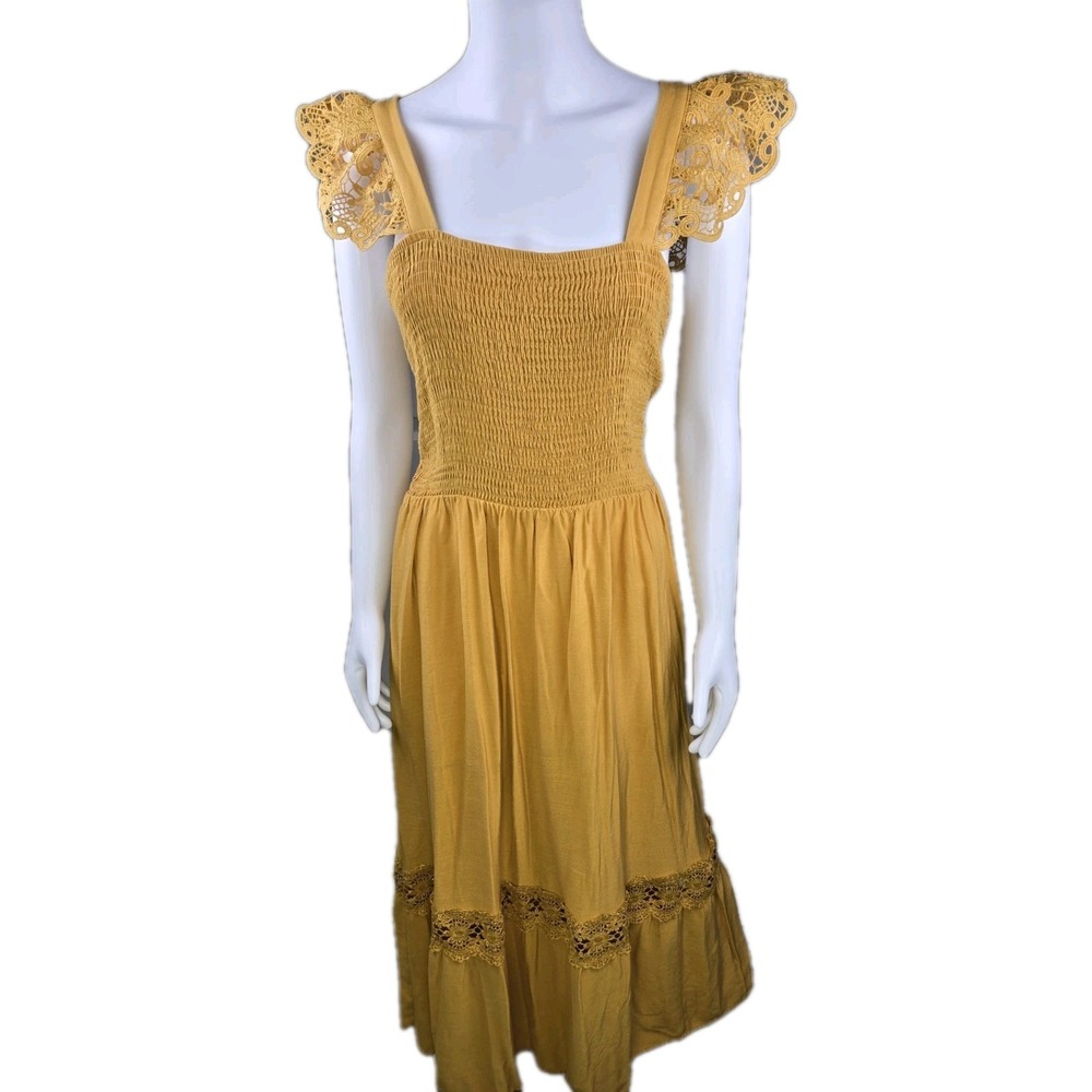 Zesica Summer Lace Sleeve Maxi Tiered Smoaked Coquette Milkmaid  Yellow Dress 2X